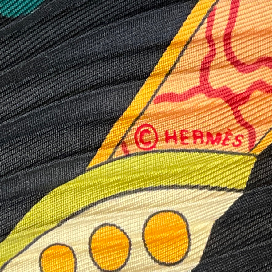 Hermes Black Multi Les Printemps de Thera Print Plisse Pleated Silk Twill Scarf
