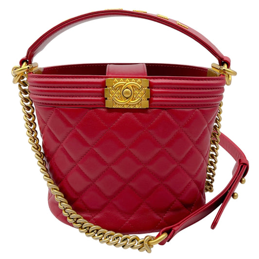 Chanel Red / Gold Hardware Quilted Calfskin Leather Boy Bucket Bag
