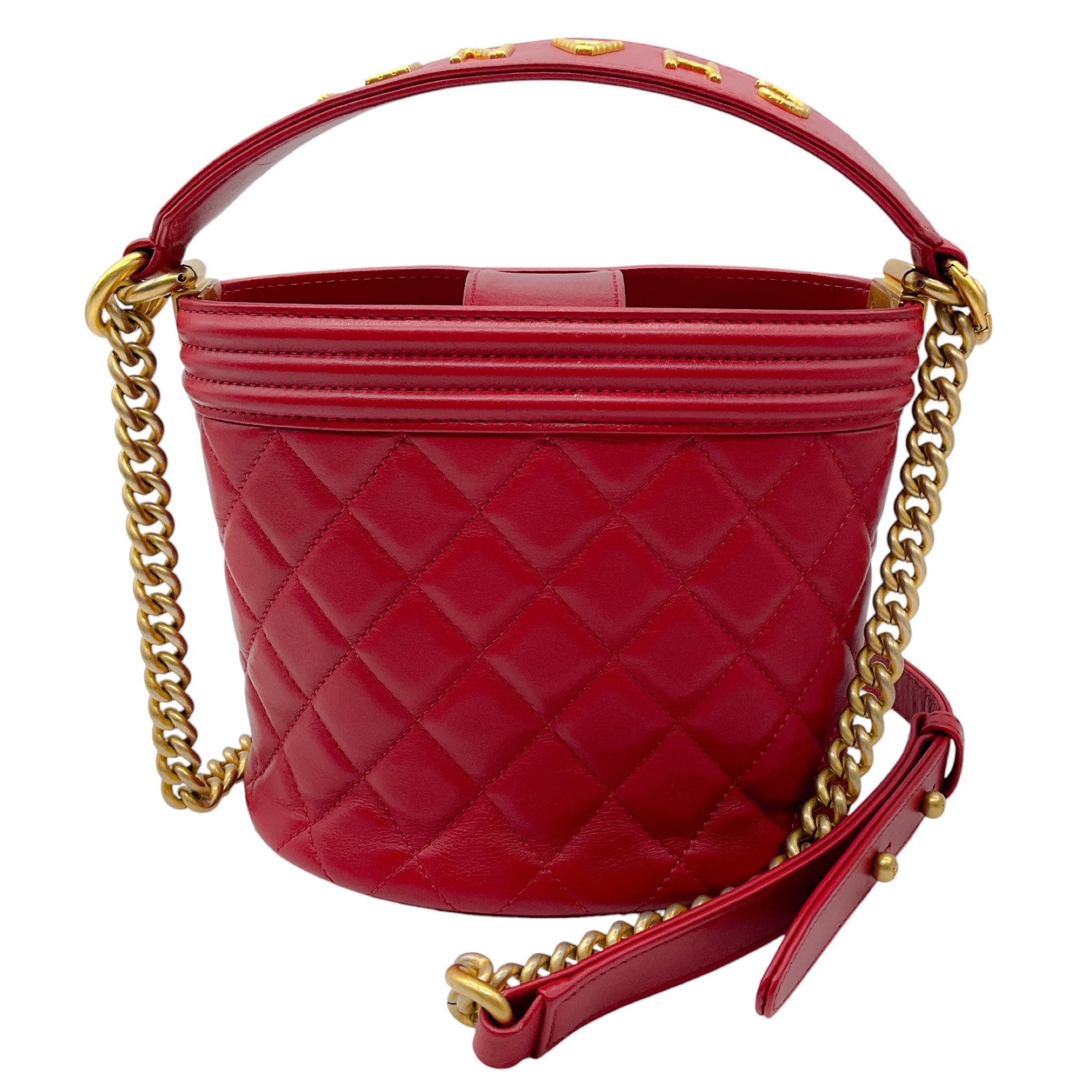 Chanel Red / Gold Hardware Quilted Calfskin Leather Boy Bucket Bag