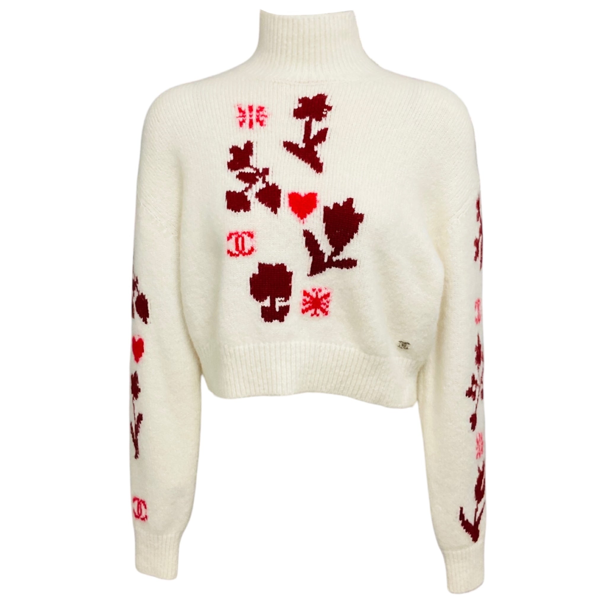 Chanel Ivory / Red / Burgundy Intarsia Cashmere Knit Pullover Sweater with Crystal CC Logo