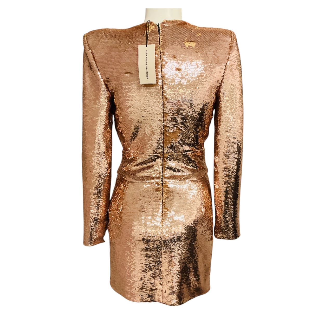 Alexandre Vauthier Rose Gold Sequin Plunging Mini Dress in Pink Gold