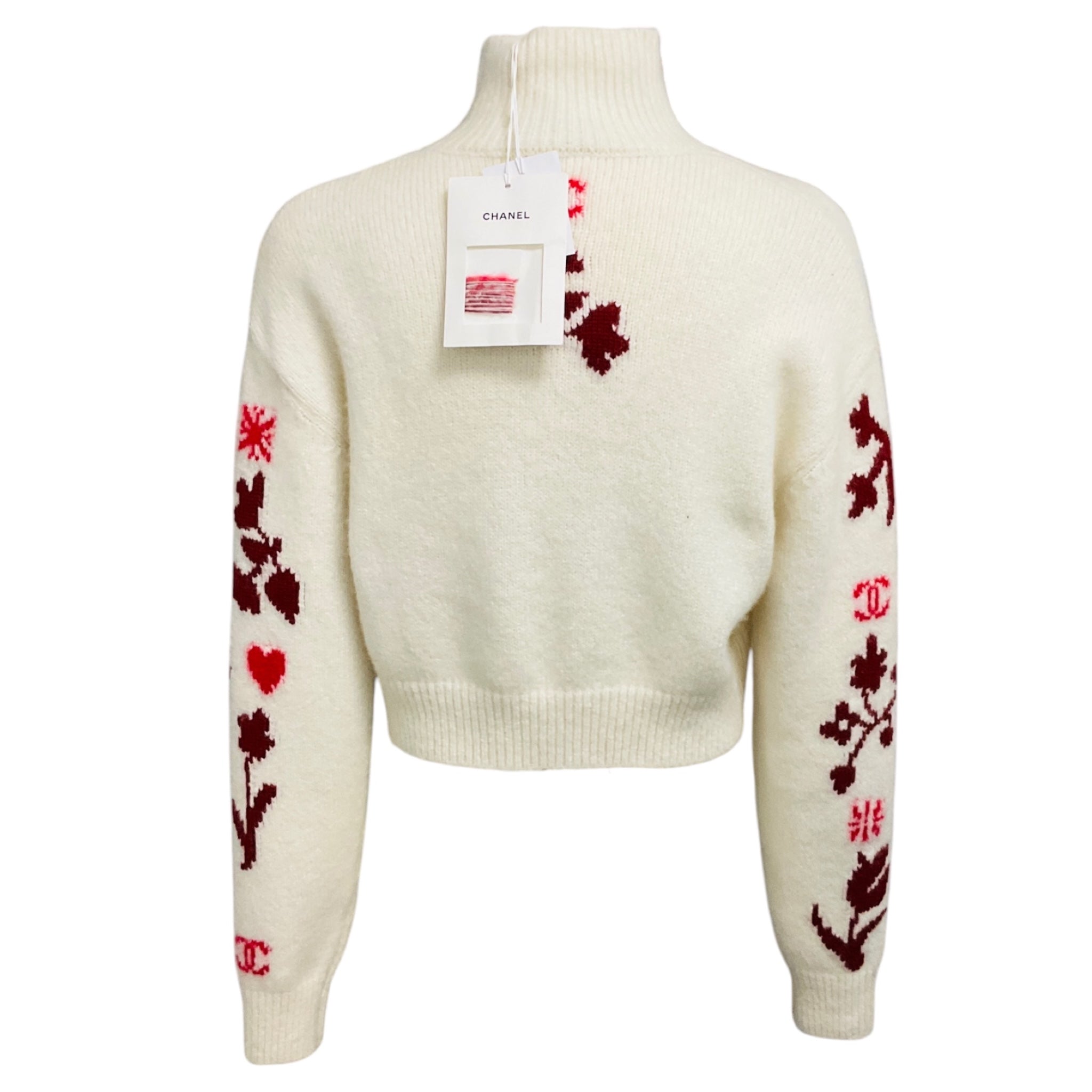 Chanel Ivory / Red / Burgundy Intarsia Cashmere Knit Pullover Sweater with Crystal CC Logo