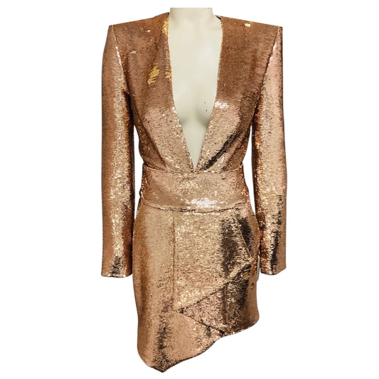 Alexandre Vauthier Rose Gold Sequin Plunging Mini Dress in Pink Gold