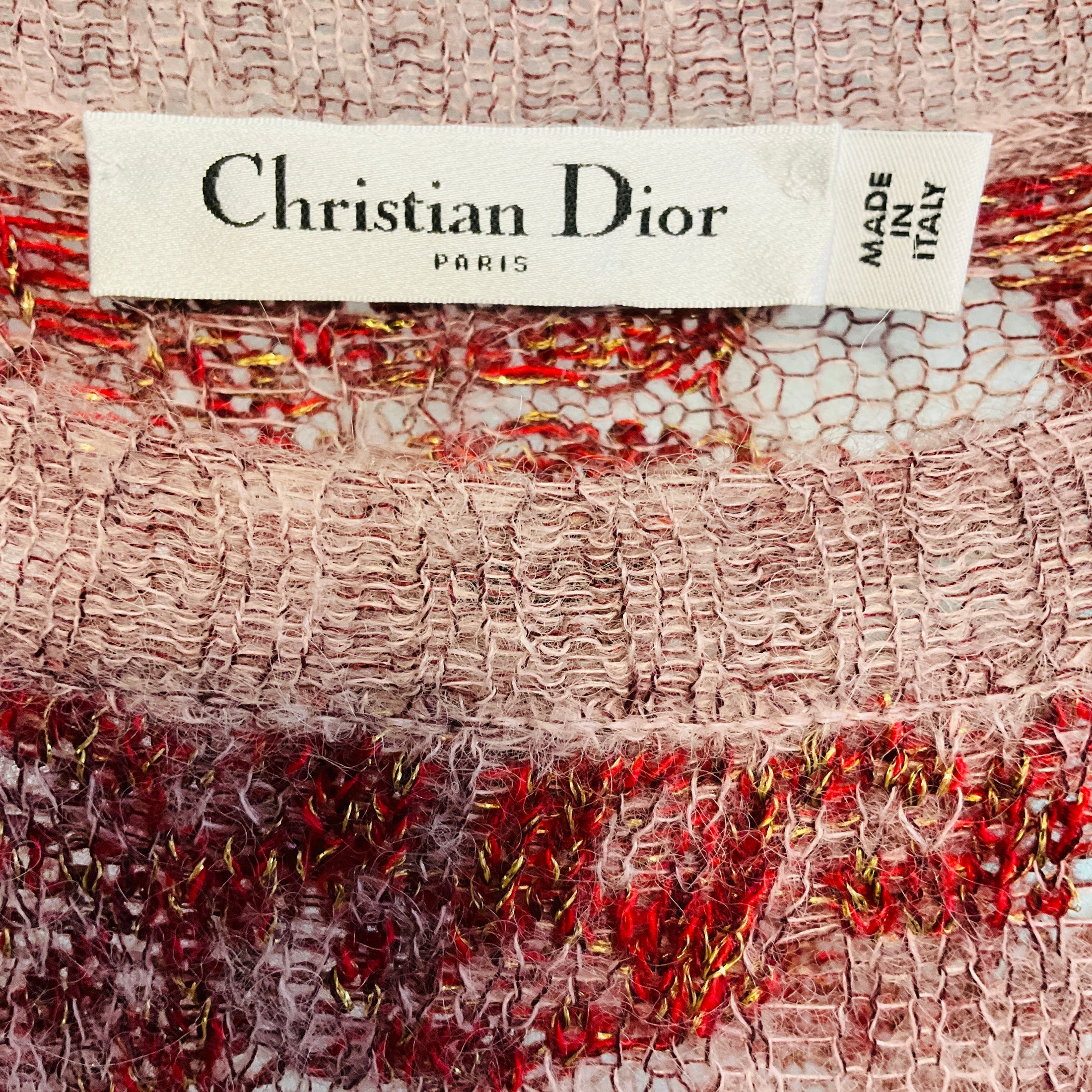 Christian Dior Red / Pink / Gold Metallic Knit Sweater with CD Logo Bee Embroidery