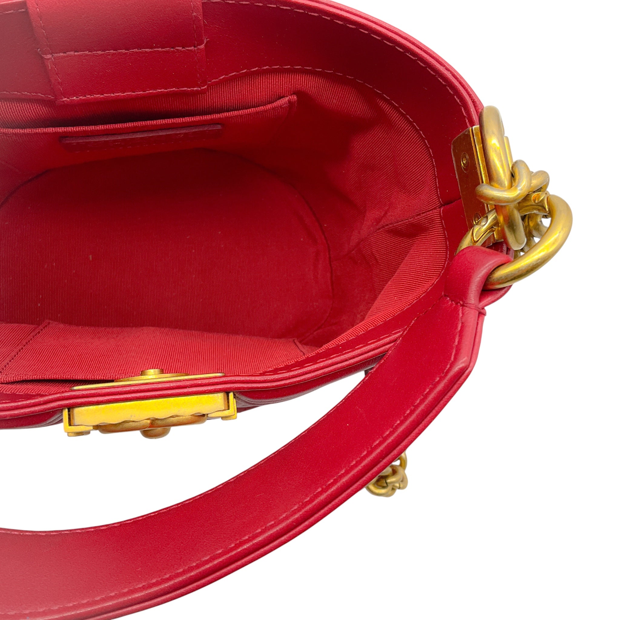 Chanel Red / Gold Hardware Quilted Calfskin Leather Boy Bucket Bag
