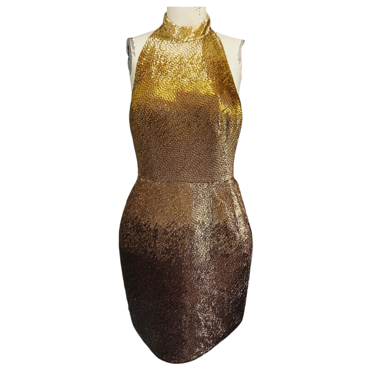 Oscar de la Renta Gold Metallic Ombre Effect Beaded Mini Cocktail Dress