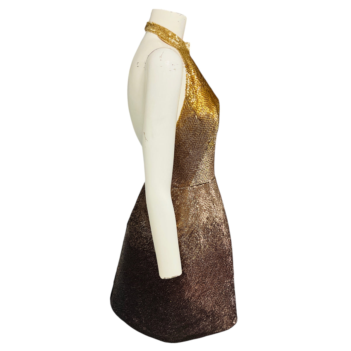 Oscar de la Renta Gold Metallic Ombre Effect Beaded Mini Cocktail Dress