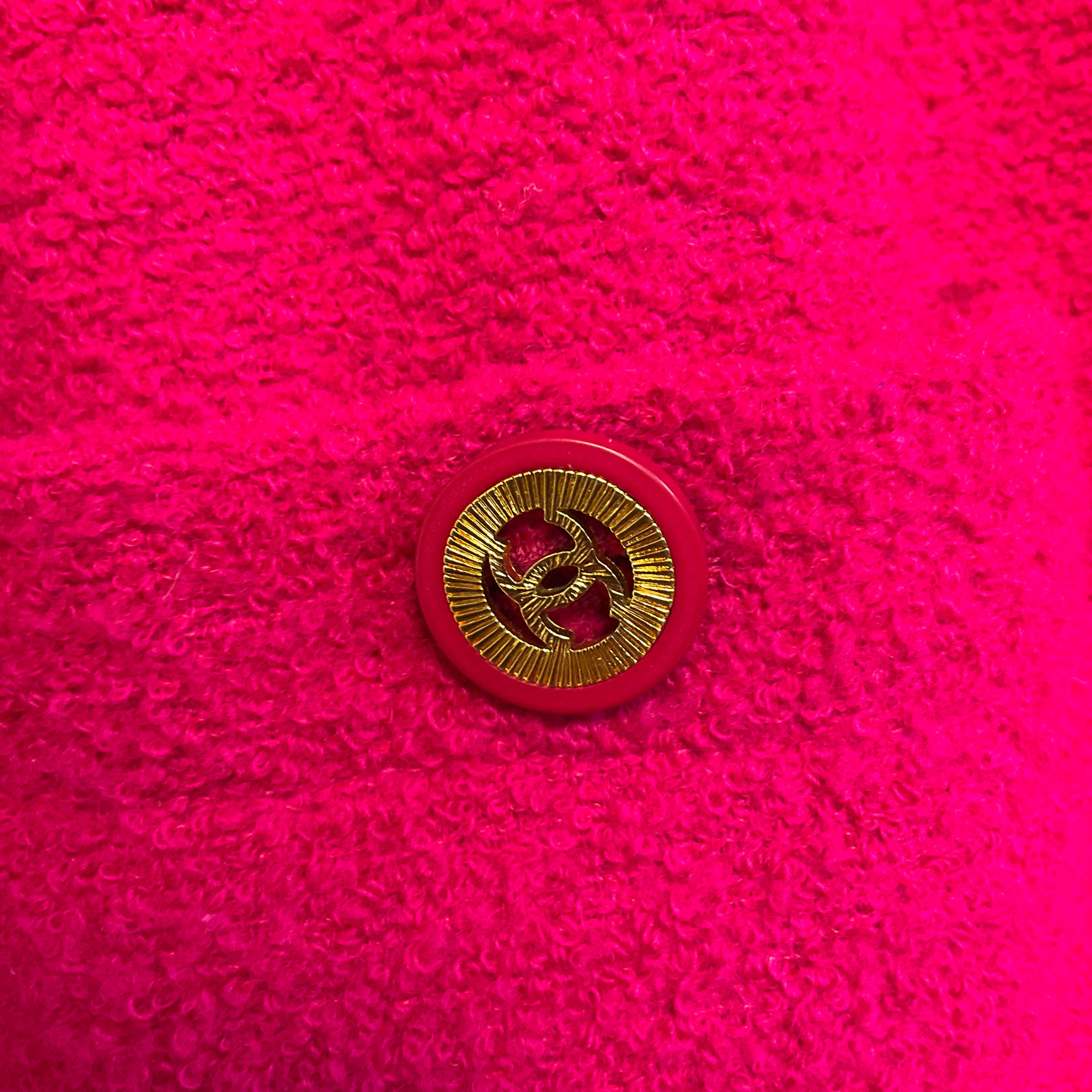 Chanel Vintage Hot Pink Boucle Wool Tweed Jacket with Gold CC Logo Buttons