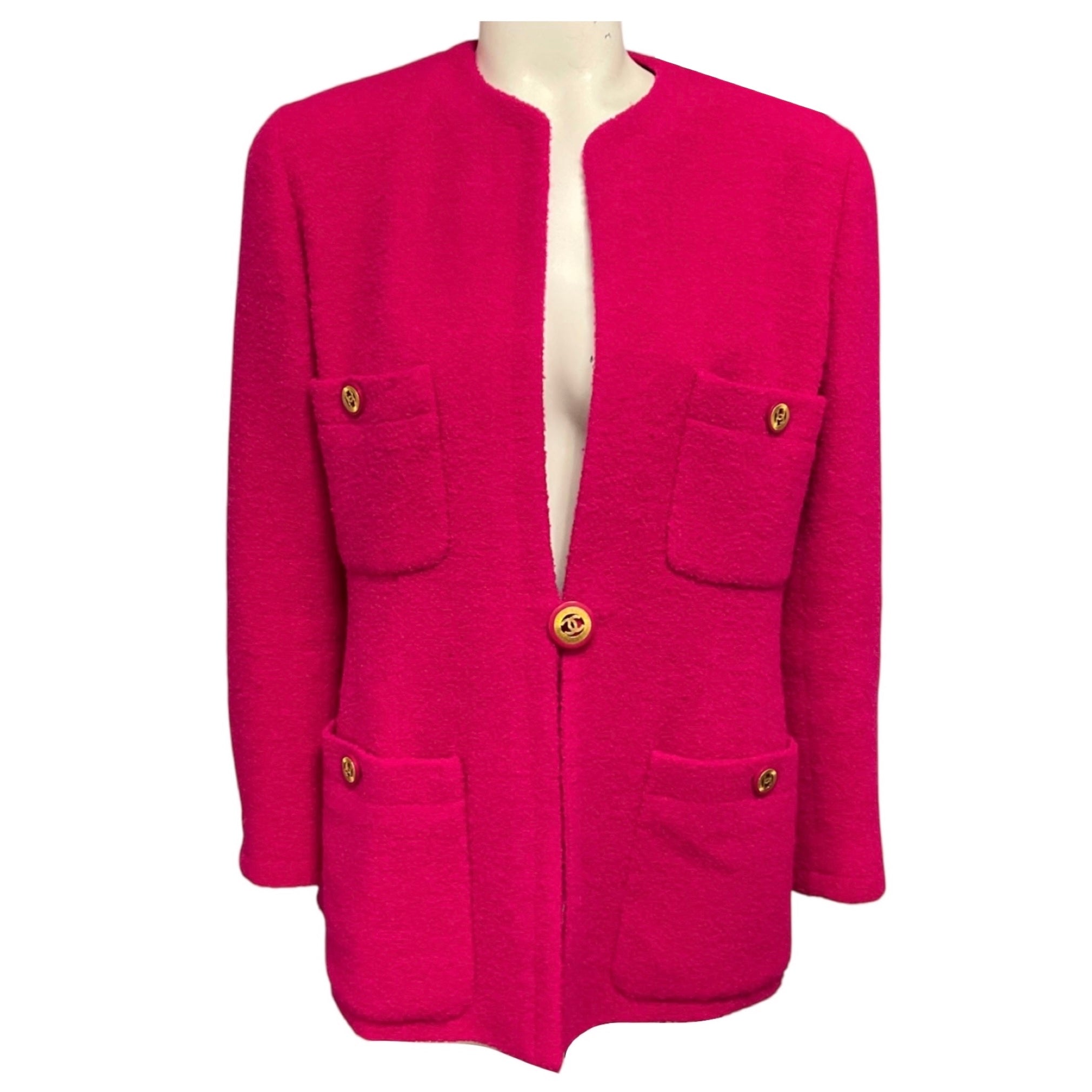 Chanel Vintage Hot Pink Boucle Wool Tweed Jacket with Gold CC Logo Buttons