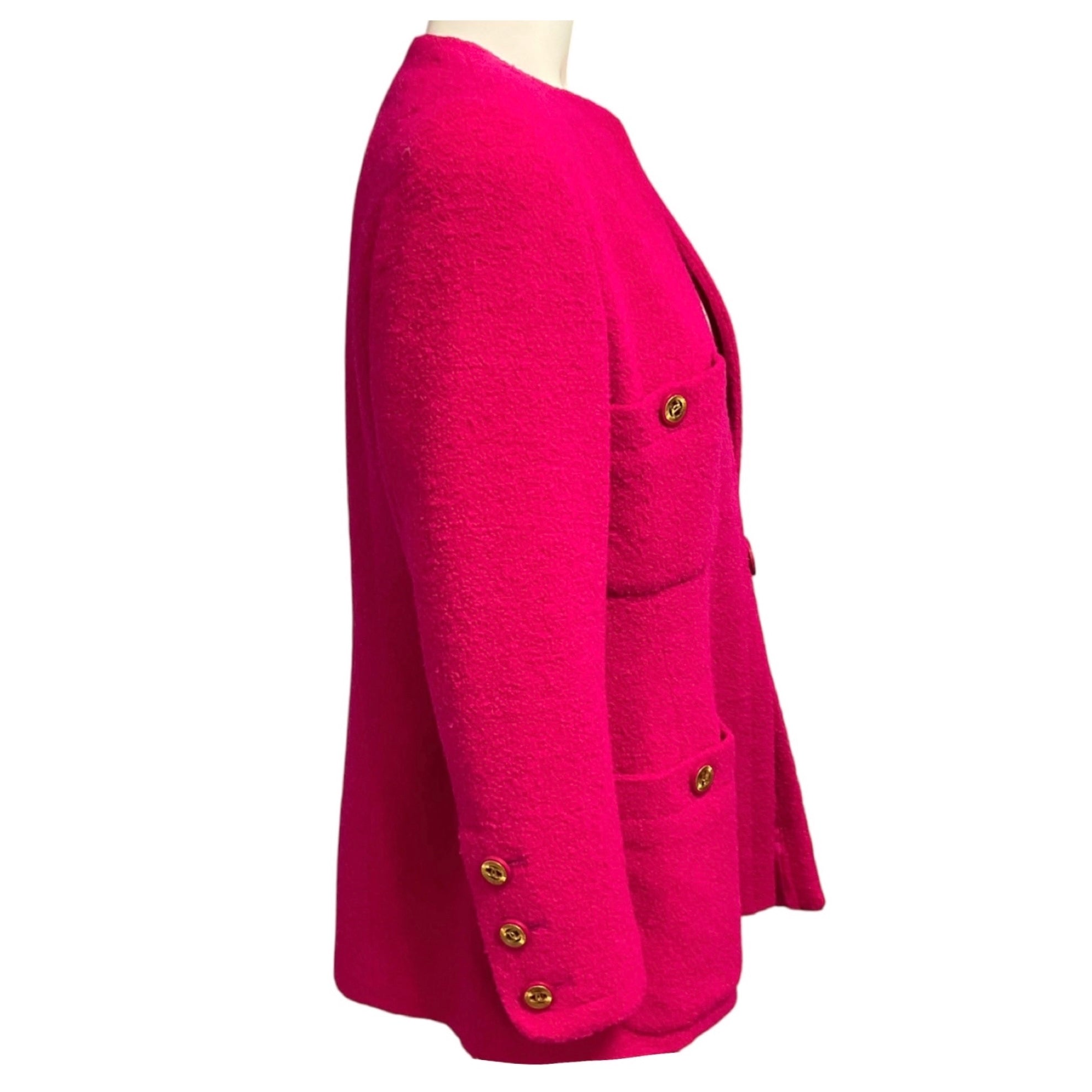 Chanel Vintage Hot Pink Boucle Wool Tweed Jacket with Gold CC Logo Buttons