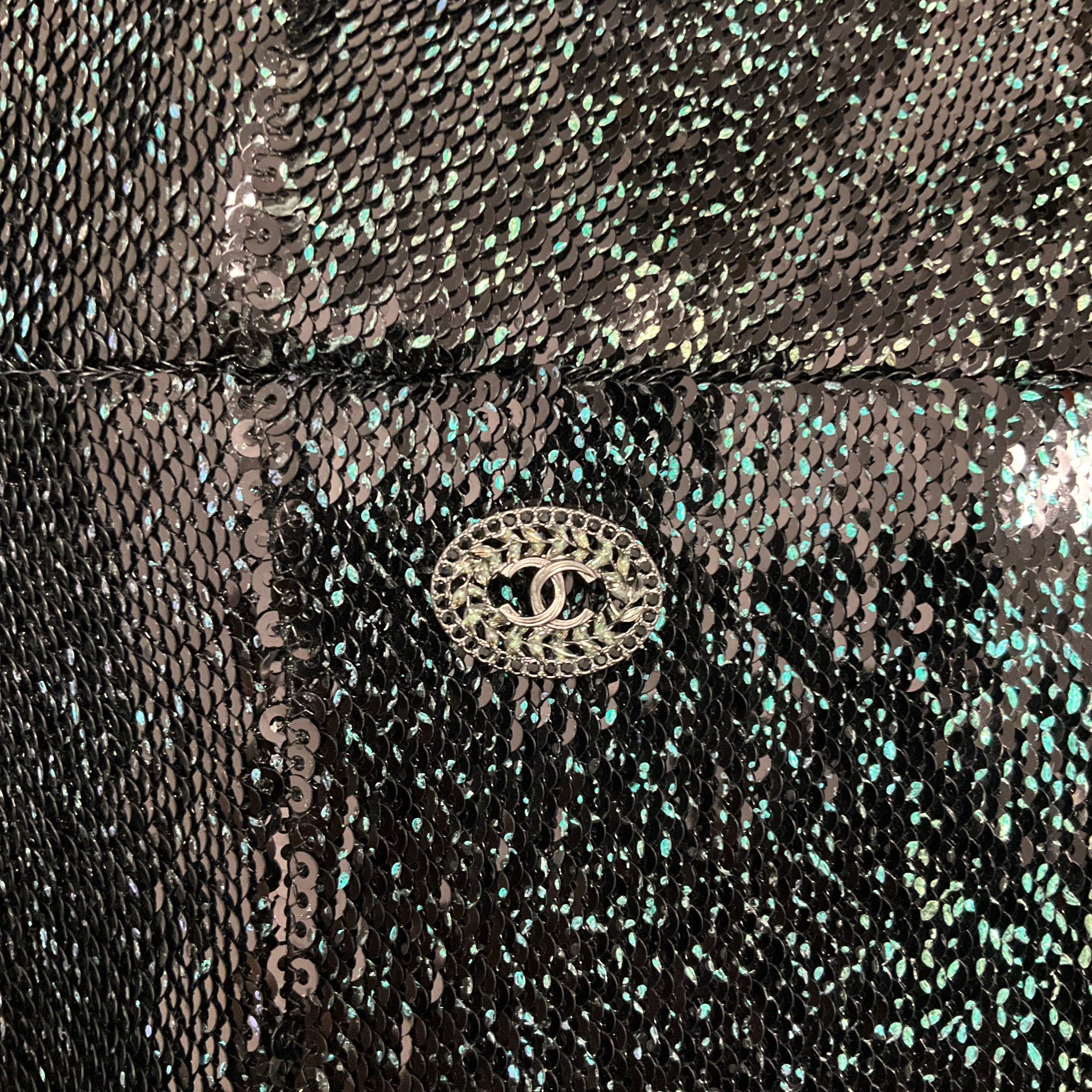Chanel Green Iridescent Sequined Strapless Mini Cocktail Dress with CC Logo Plate