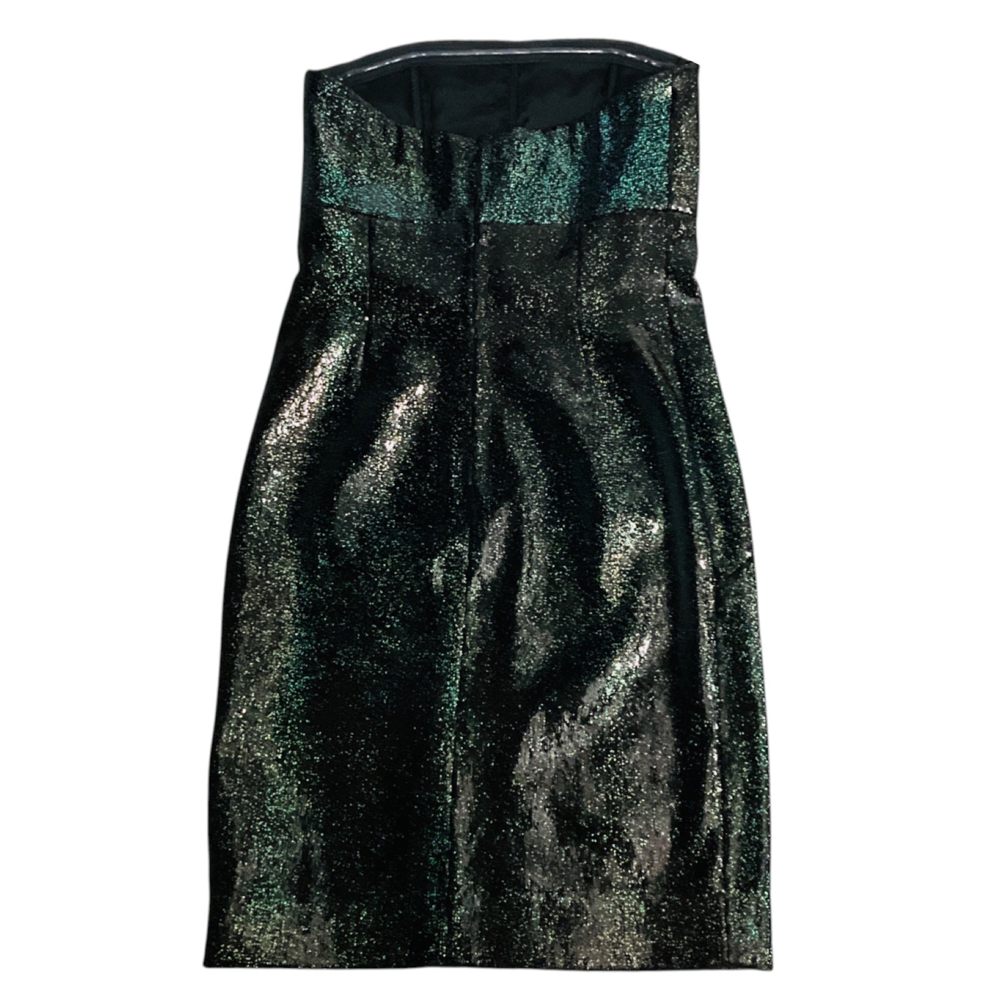 Chanel Green Iridescent Sequined Strapless Mini Cocktail Dress with CC Logo Plate