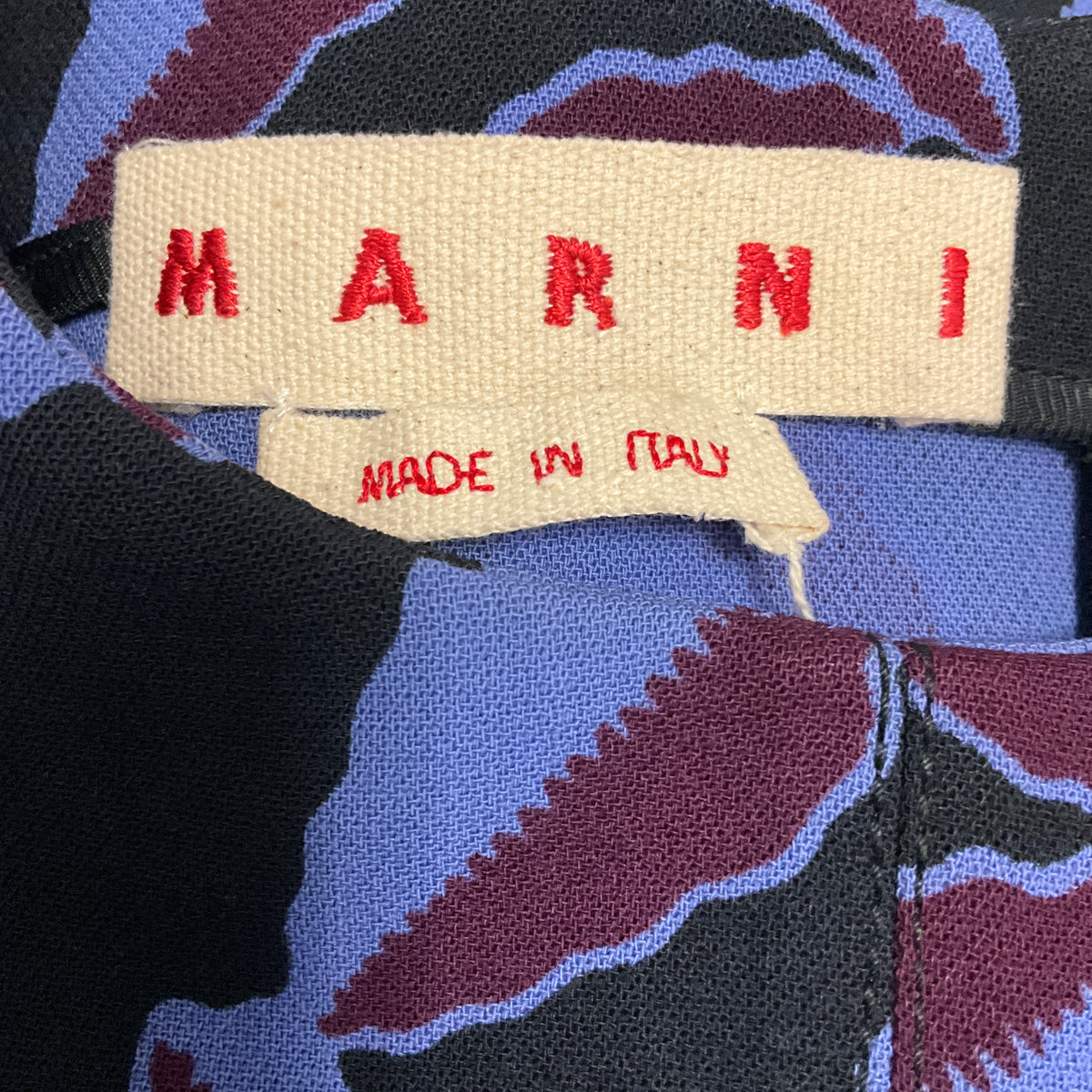 Marni Black / Purple / Burgundy Printed Sleeveless Wool Gauze Flared Midi Dress