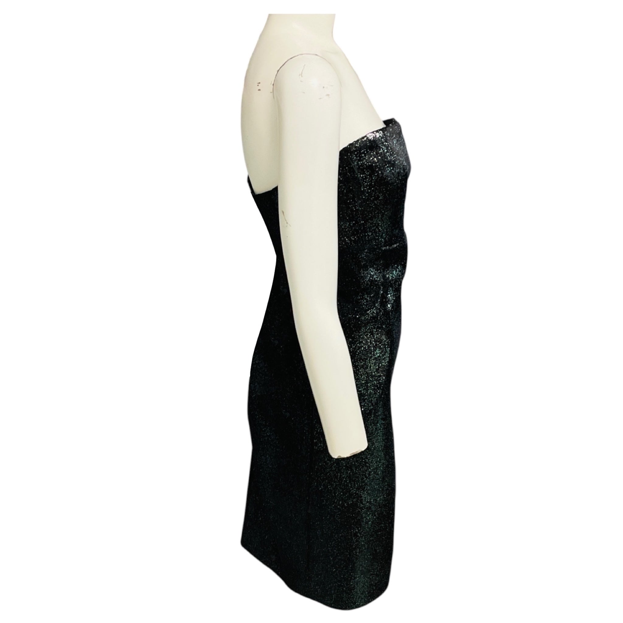 Chanel Green Iridescent Sequined Strapless Mini Cocktail Dress with CC Logo Plate