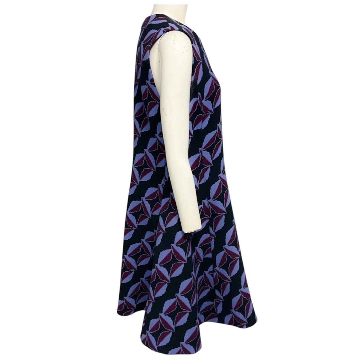 Marni Black / Purple / Burgundy Printed Sleeveless Wool Gauze Flared Midi Dress