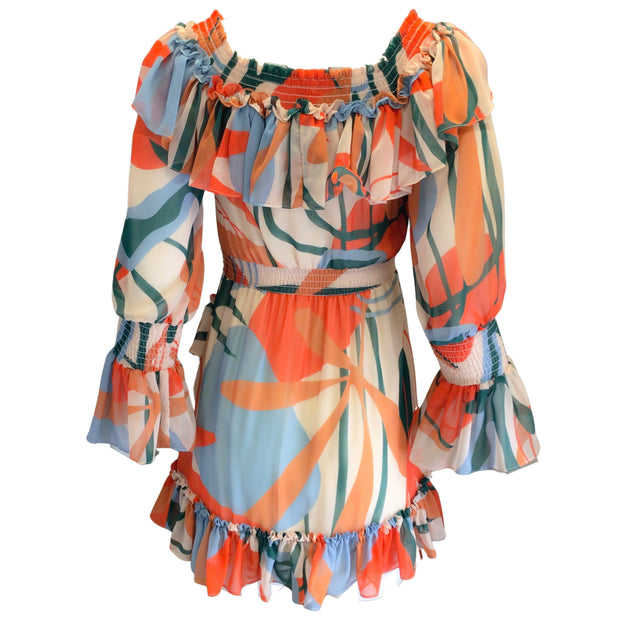 PatBO Orange Multi Rio Ruffled Off-the-Shoulder Mini Dress