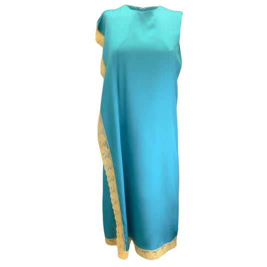 Atlien Turquoise / Yellow Lace Detail Sleeveless Satin Midi Dress