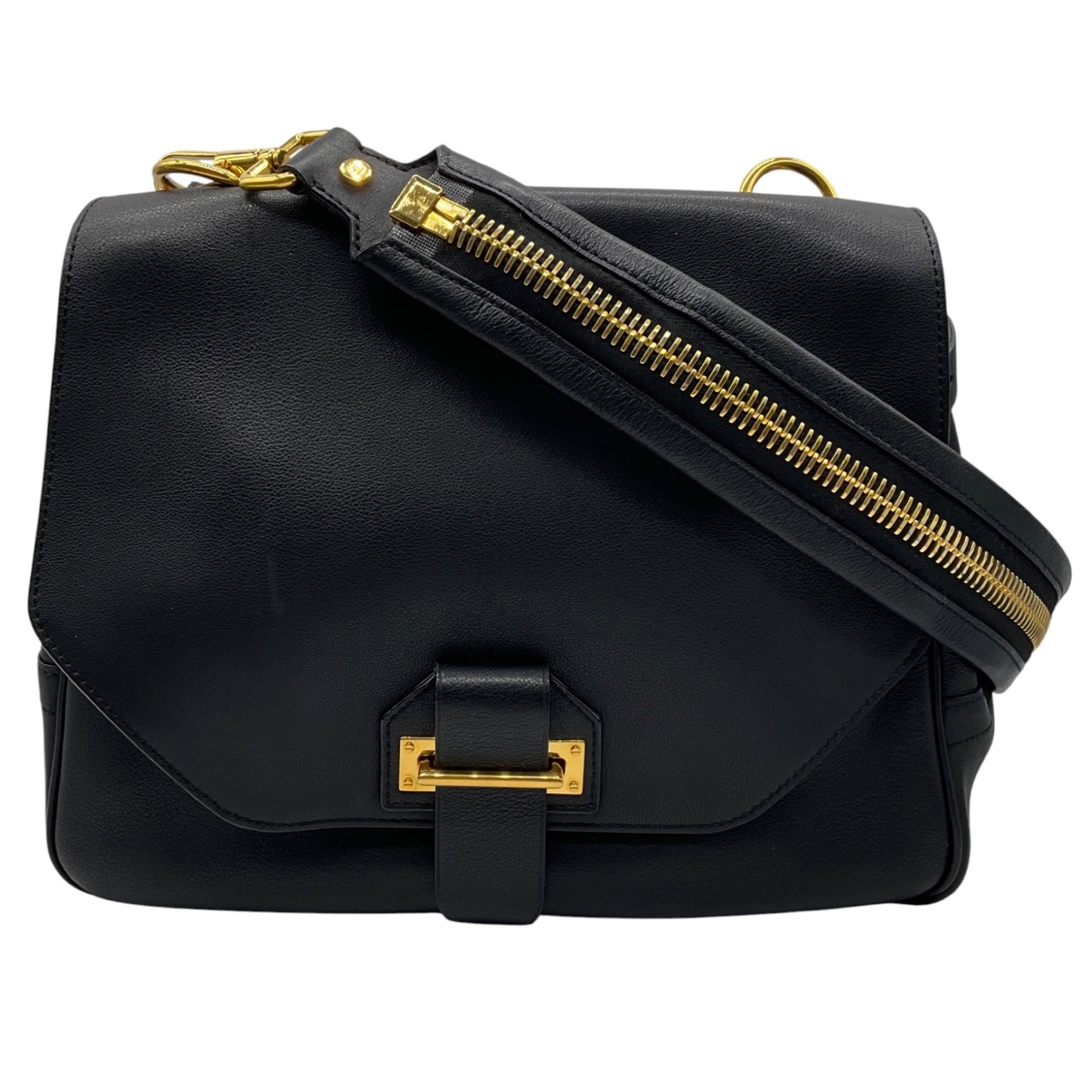 Tom Ford Black / Gold Hardware Zipper Detail Leather Shoulder Bag