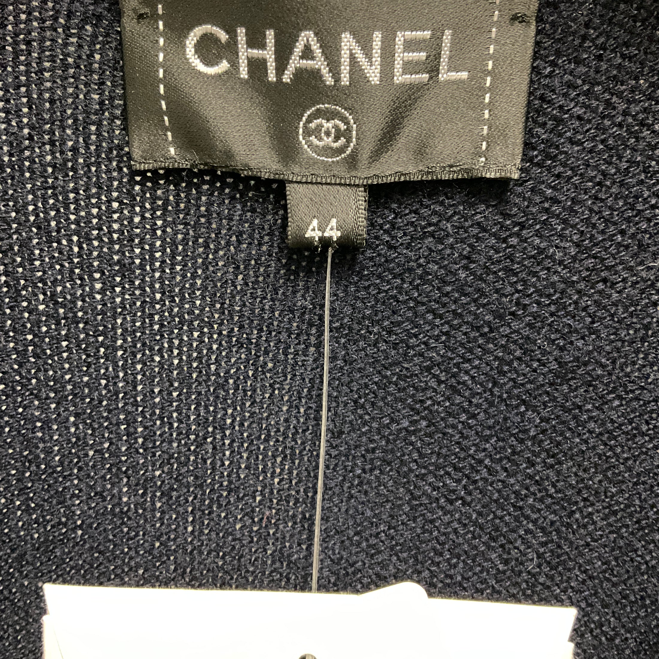 Chanel Navy / White 2016 Cashmere Knit Long Cardigan Sweater with Silver CC Logo Buttons