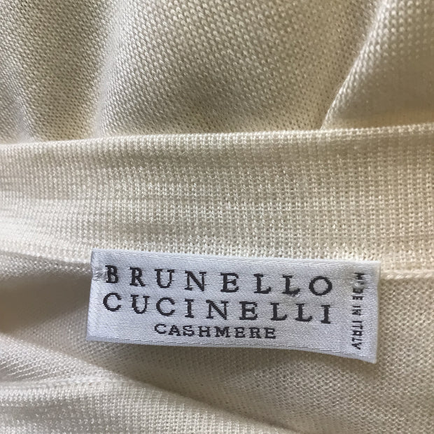 Brunello Cucinelli Ivory Long Sleeved V-Neck Cashmere and Silk Knit Pullover Sweater
