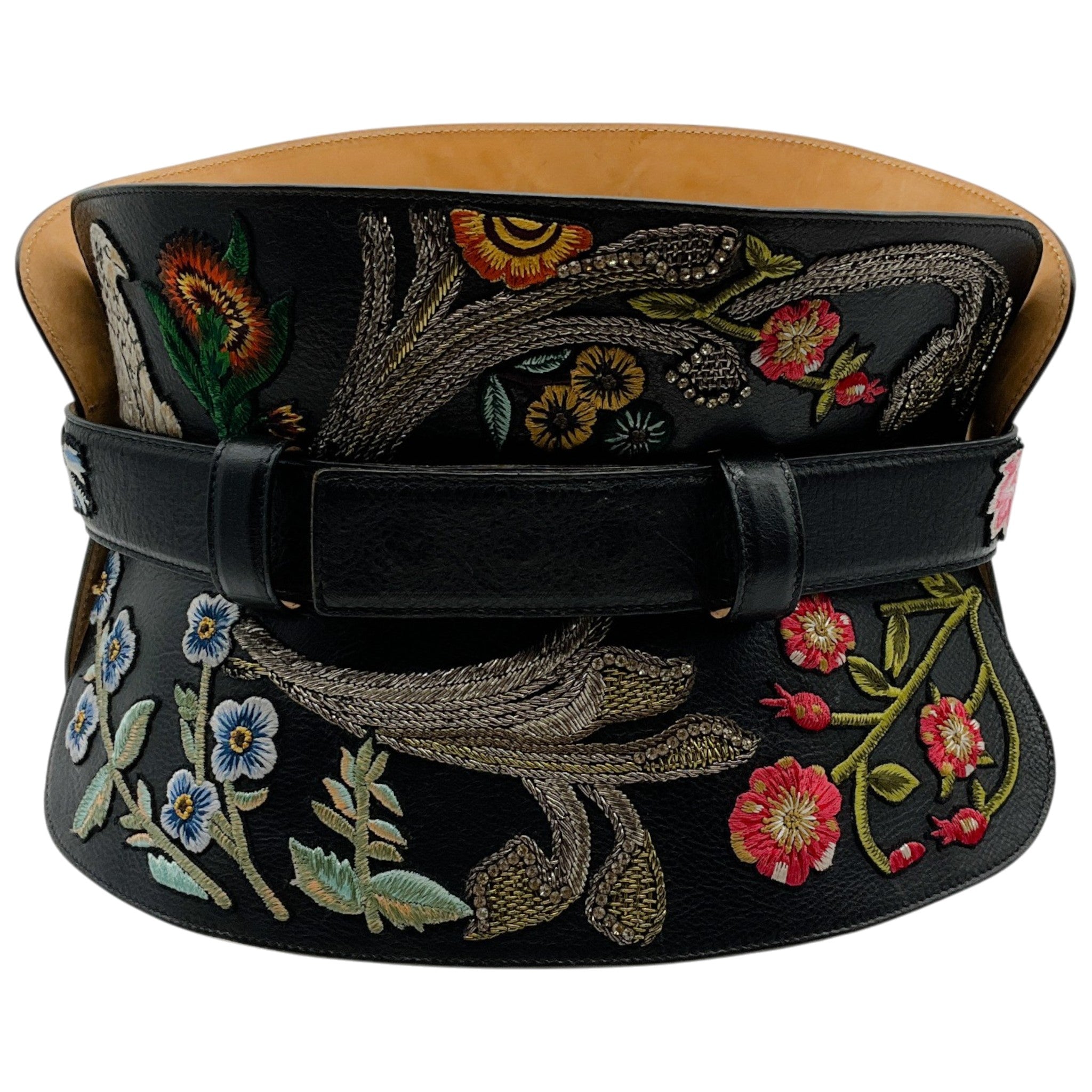 Alexander McQueen Black Leather Structured Corset Belt with Embroidery