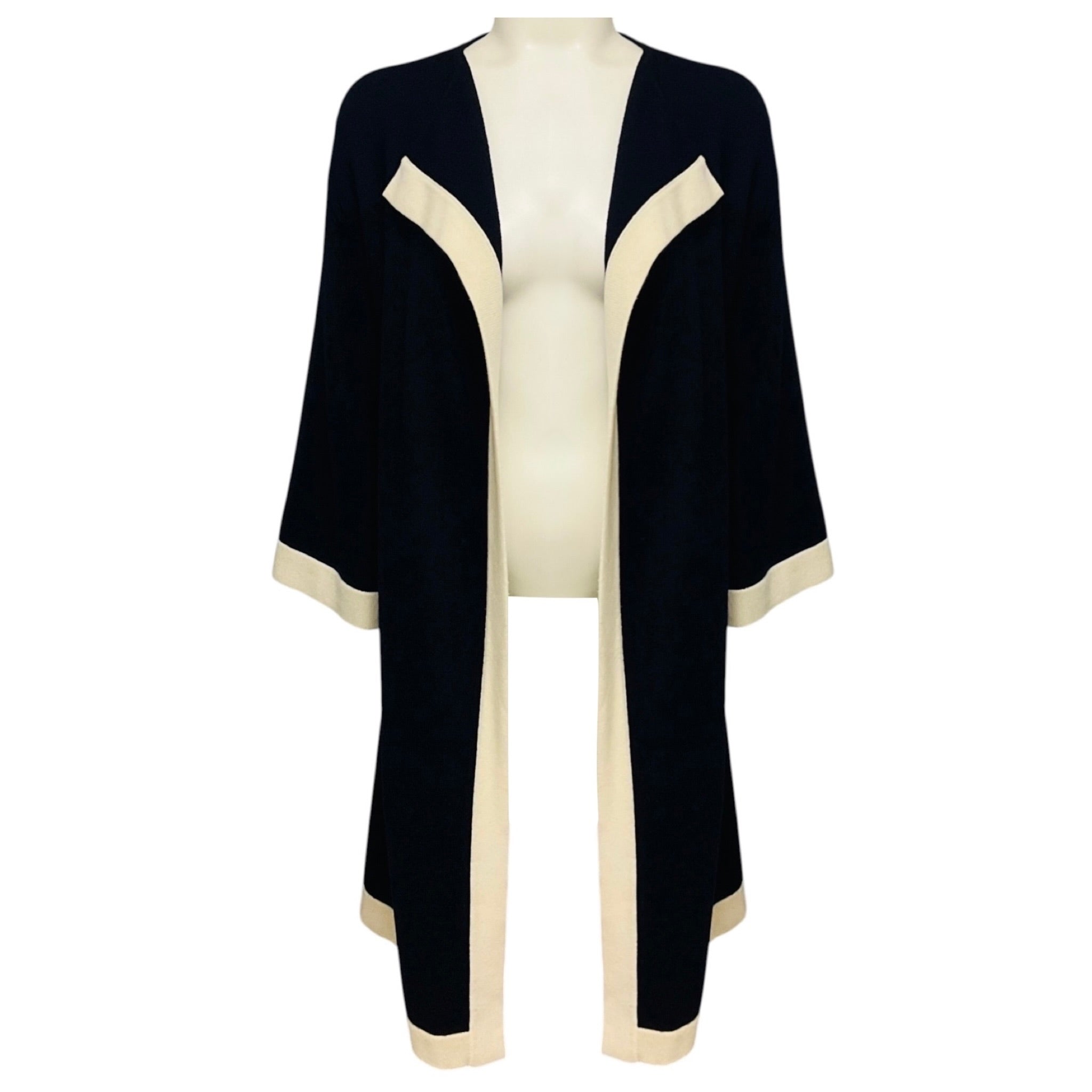 Chanel Navy / White 2016 Cashmere Knit Long Cardigan Sweater with Silver CC Logo Buttons