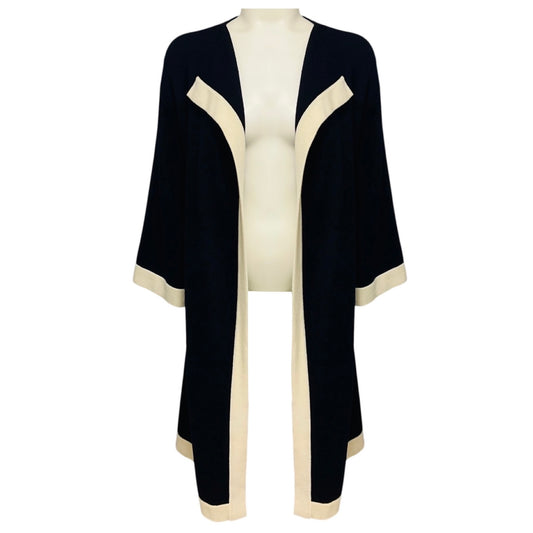 Chanel Navy / White 2016 Cashmere Knit Long Cardigan Sweater with Silver CC Logo Buttons