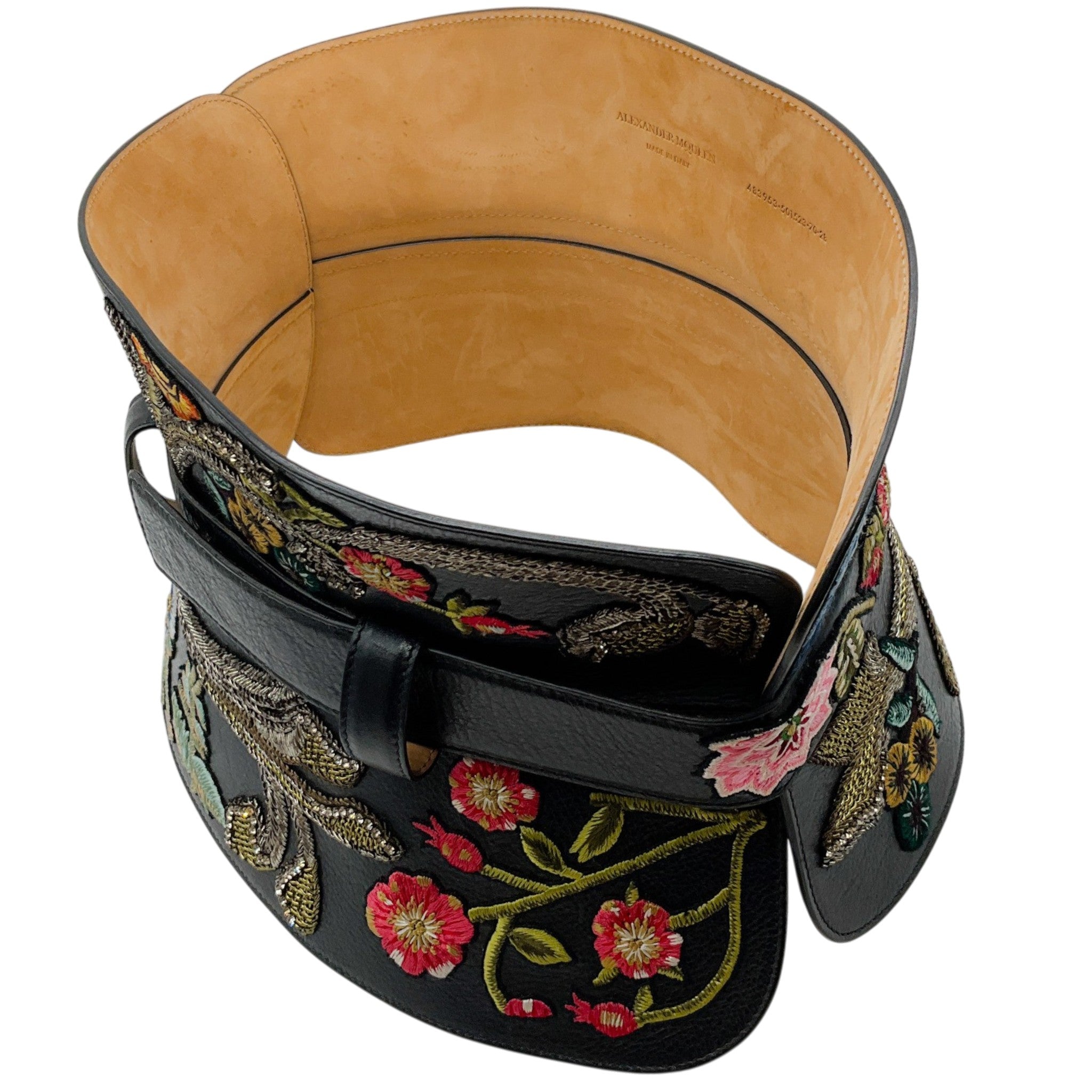Alexander McQueen Black Leather Structured Corset Belt with Embroidery