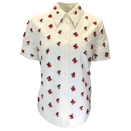 Duncan White / Red Embellished Short Sleeved Button-down Cotton Shirt