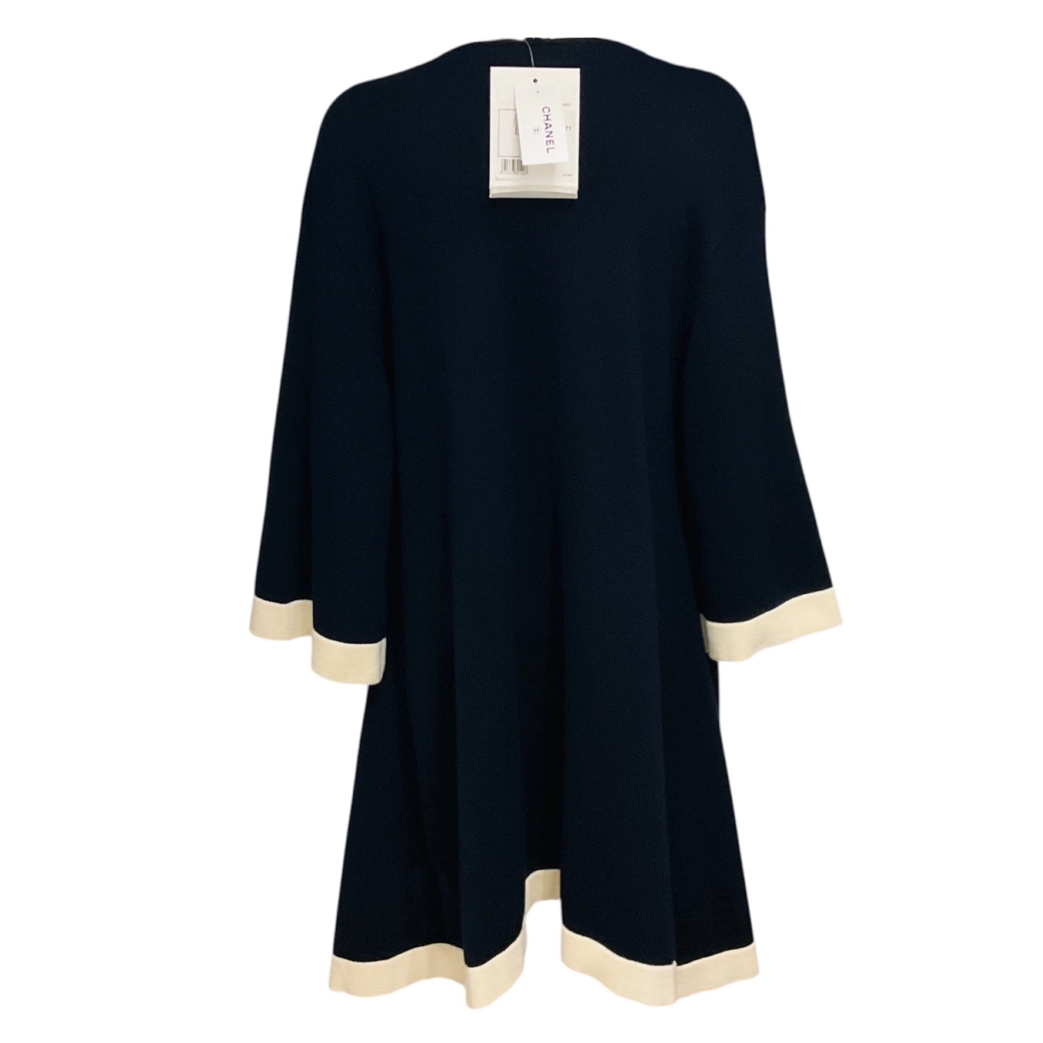 Chanel Navy / White 2016 Cashmere Knit Long Cardigan Sweater with Silver CC Logo Buttons