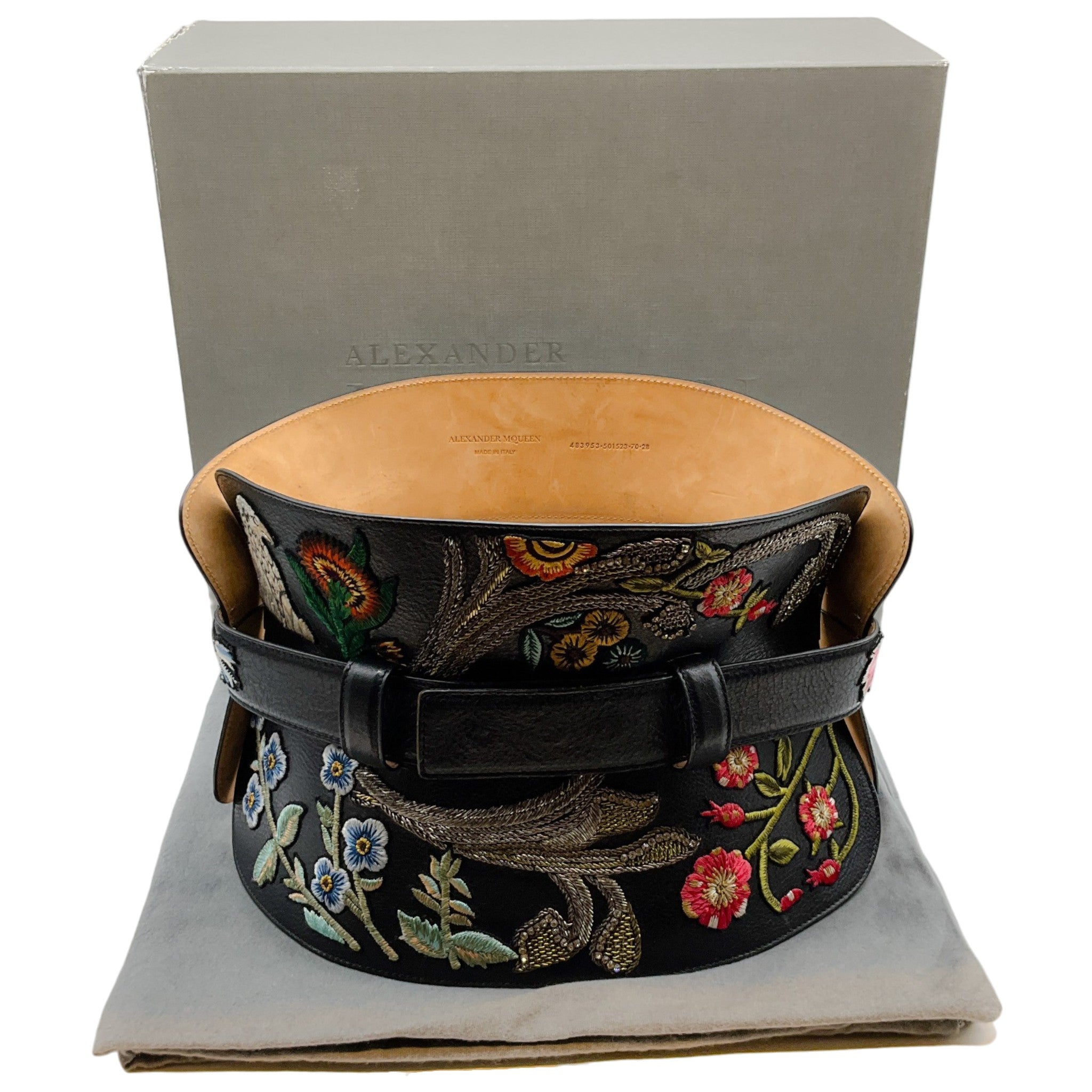 Alexander McQueen Black Leather Structured Corset Belt with Embroidery
