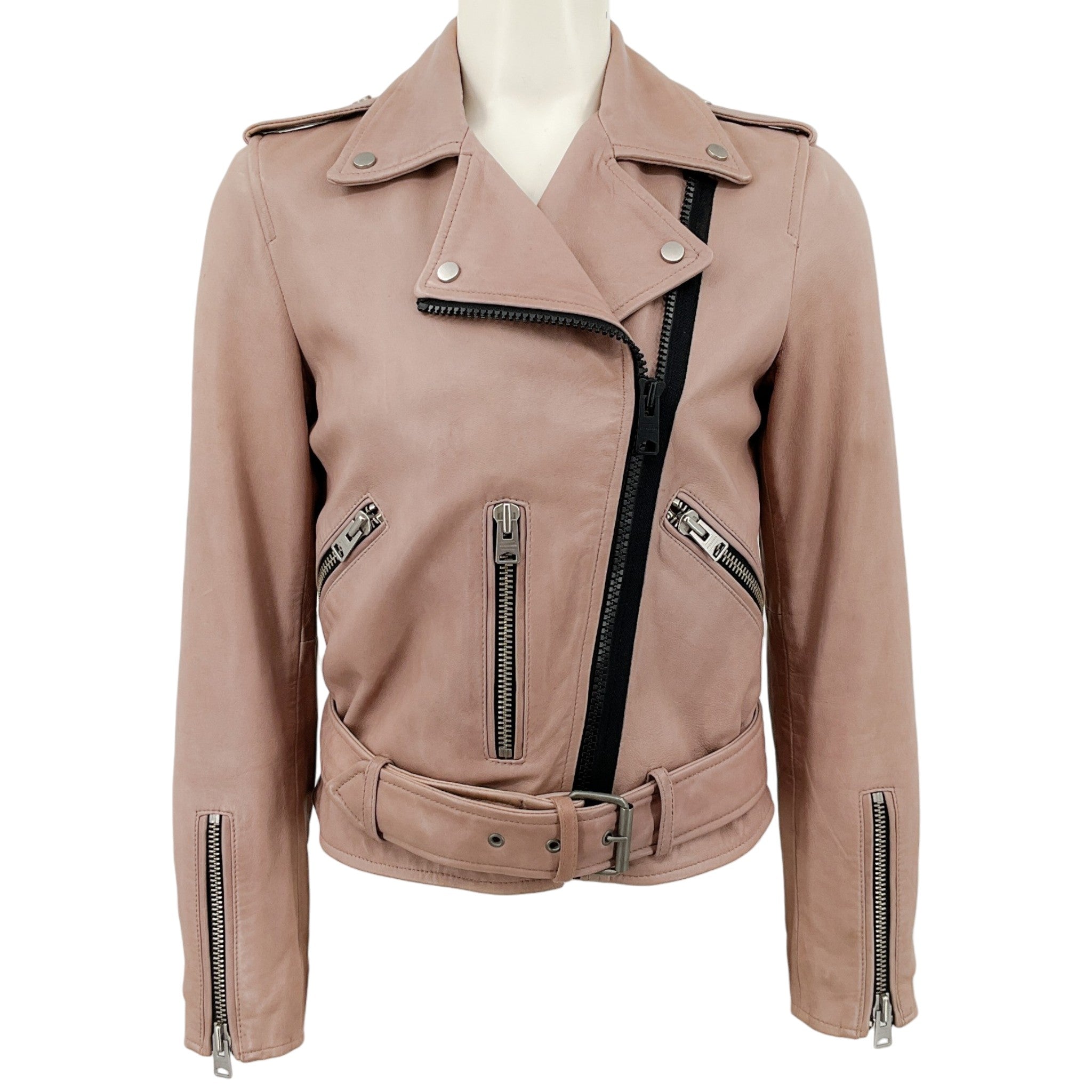 All Saints Blush Pink Leather Wyatt Zip Biker Jacket
