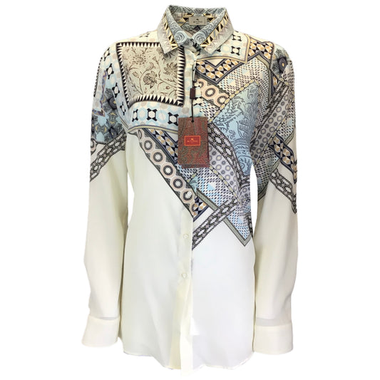 Etro Ivory / Blue Multi Printed Long Sleeved Button-down Silk Blouse