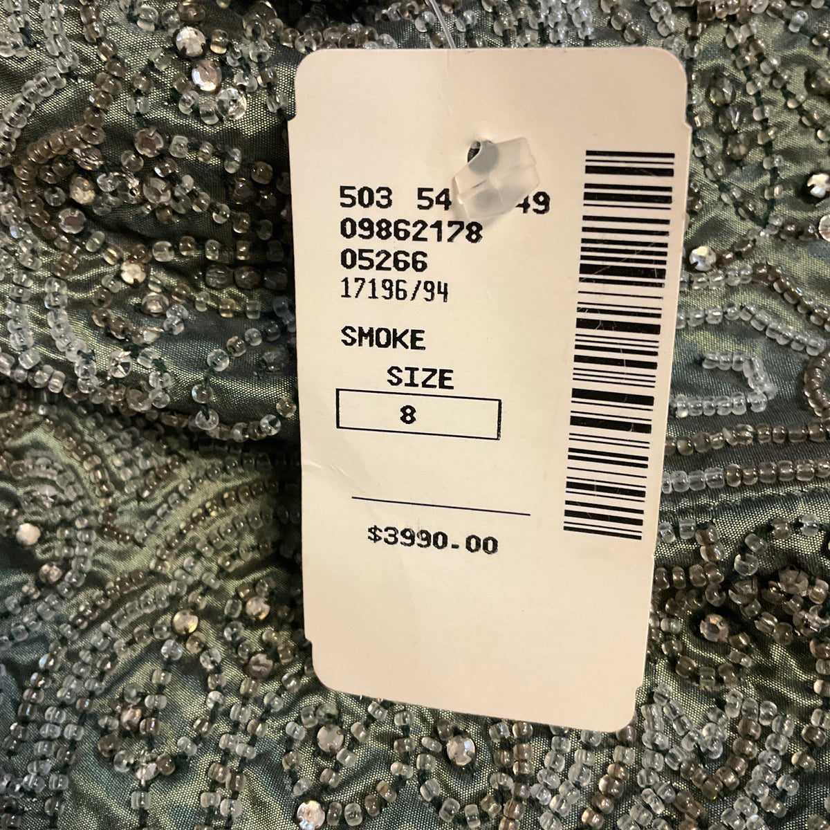 Badgley Mischka Sage Green Bead and Rhinestone Embellished Short Sleeved Square Neck Silk Taffeta Gown in Smoke