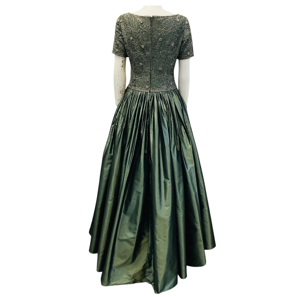 Badgley Mischka Sage Green Bead and Rhinestone Embellished Short Sleeved Square Neck Silk Taffeta Gown in Smoke