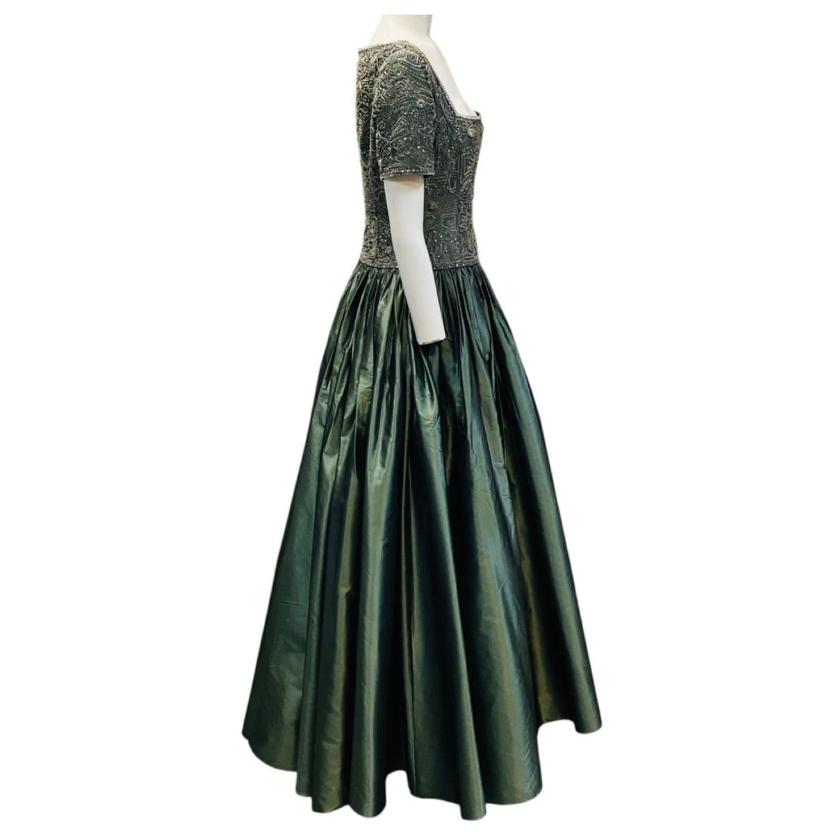 Badgley Mischka Sage Green Bead and Rhinestone Embellished Short Sleeved Square Neck Silk Taffeta Gown in Smoke