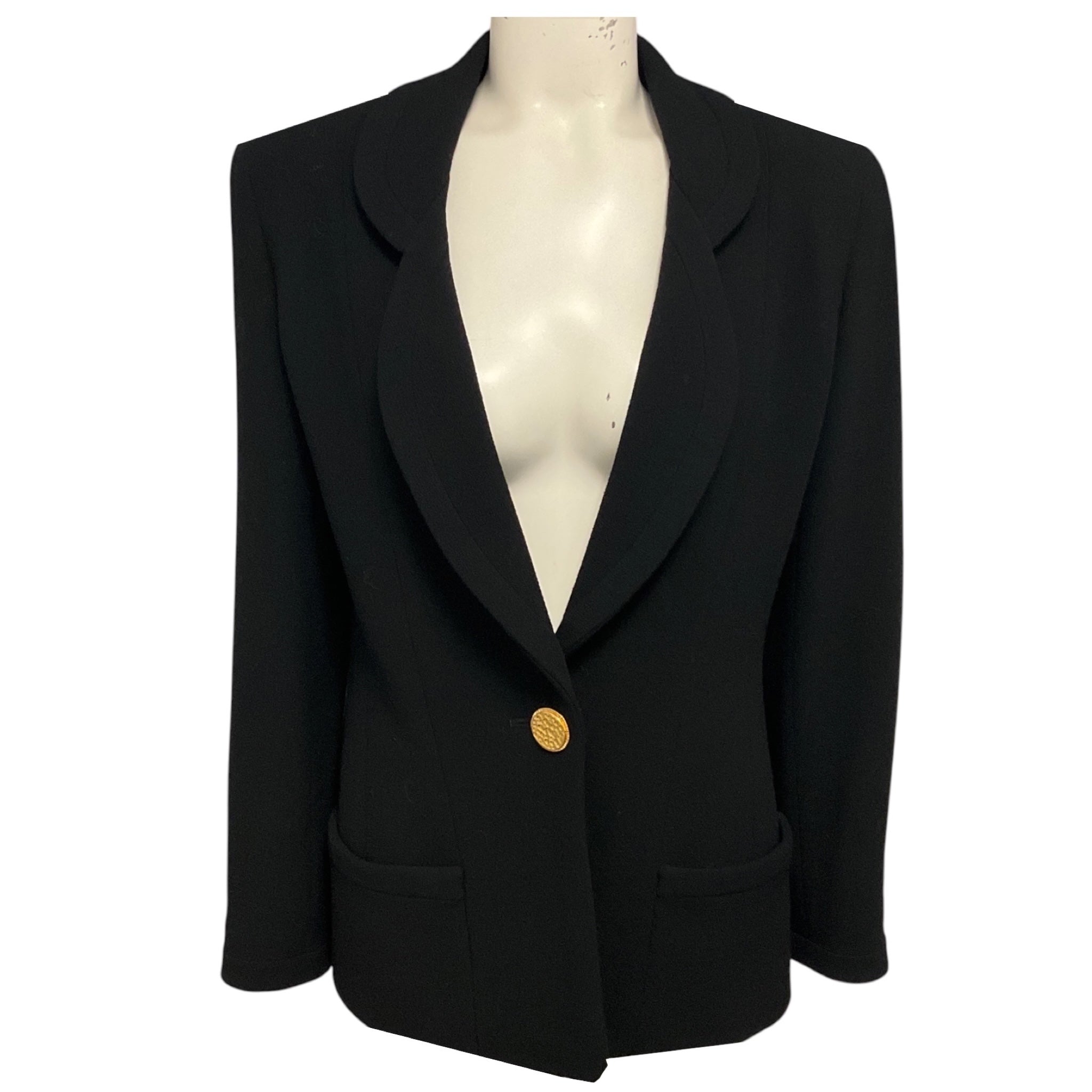 Chanel Vintage Black Wool Gauze Crepe Jacket with Gold Hammered Buttons