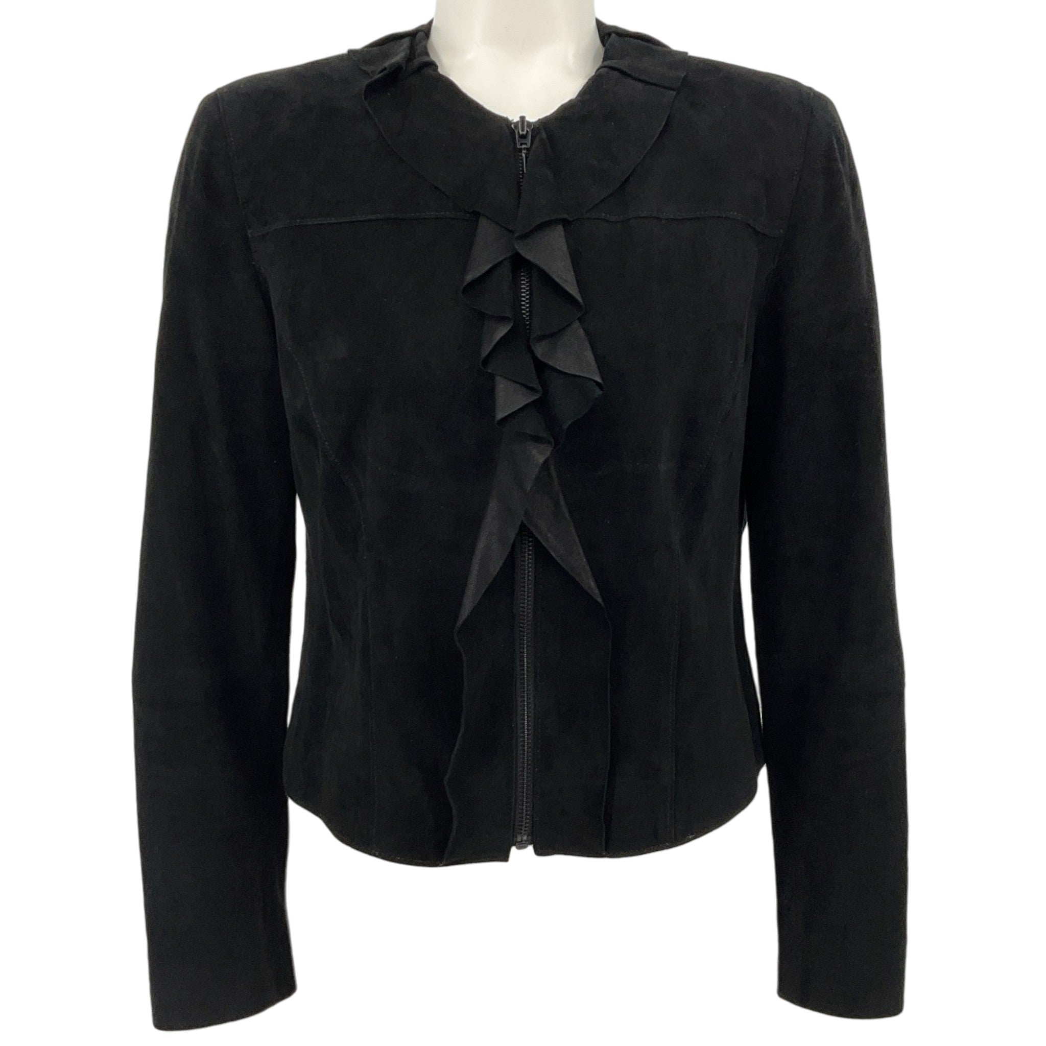 Elie Tahari Black Suede Ruffle Front Jacket
