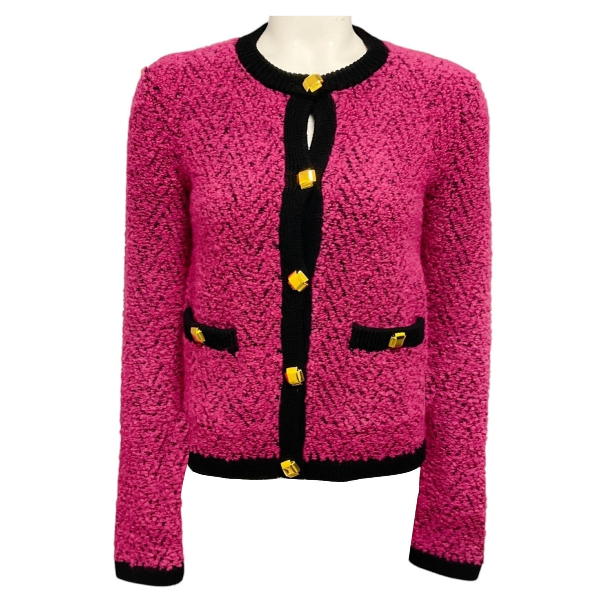 St. John Pink / Black Boucle Wool Knit Cardigan Sweater with Gold Buttons