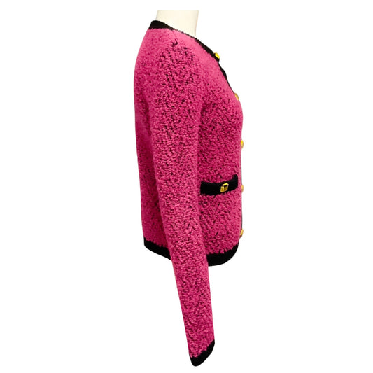 St. John Pink / Black Boucle Wool Knit Cardigan Sweater with Gold Buttons