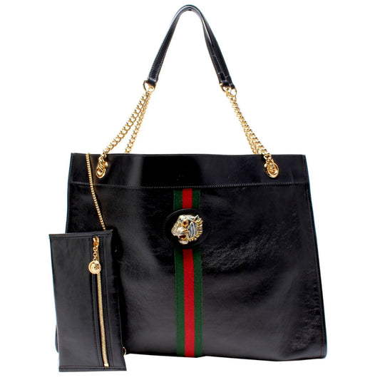 Gucci Black Tiger Head Leather Rajah Chain Tote Bag