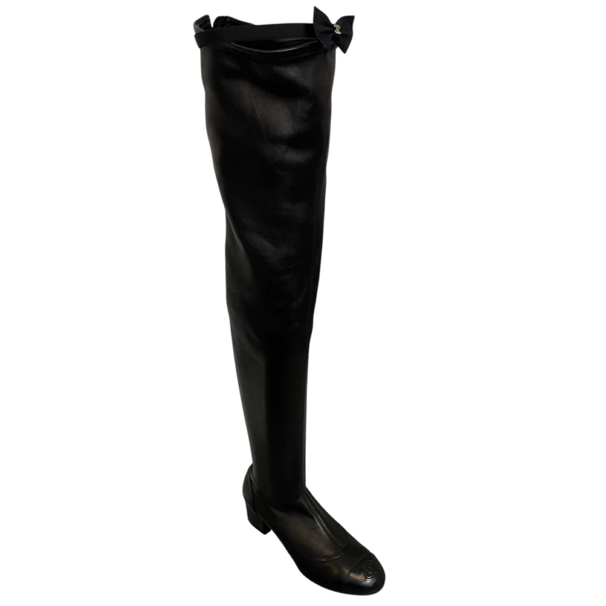 Chanel Black Interlocking CC Logo Cap Toe Over-the-Knee Thigh High Stretch Smooth Lambskin Leather Boots with CC Logo Grosgrain Bow Accent