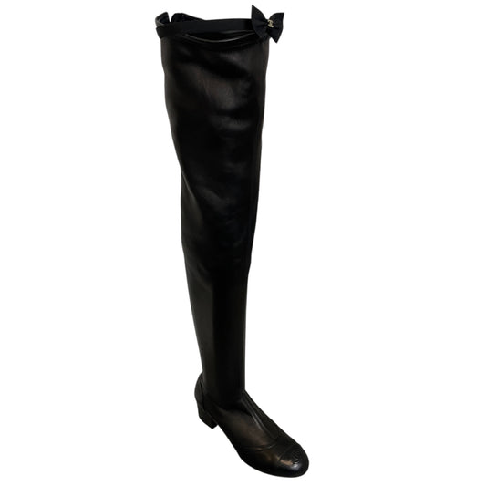 Chanel Black Interlocking CC Logo Cap Toe Over-the-Knee Thigh High Stretch Smooth Lambskin Leather Boots with CC Logo Grosgrain Bow Accent