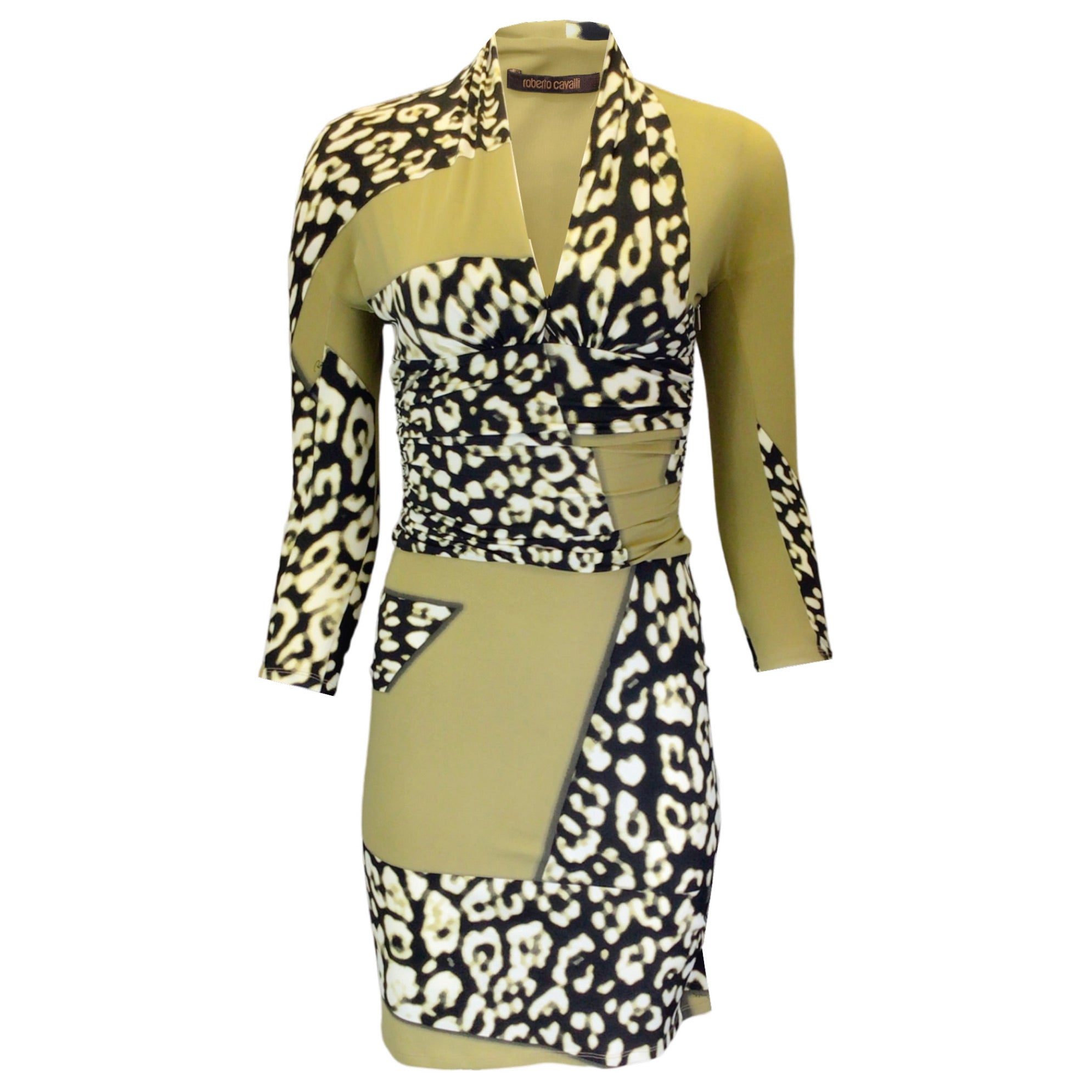 Roberto Cavalli Olive Green / Black Multi Animal Print Nylon Dress