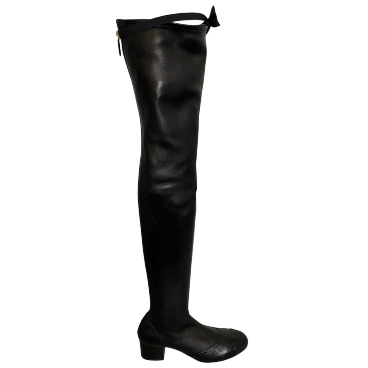 Chanel Black Interlocking CC Logo Cap Toe Over-the-Knee Thigh High Stretch Smooth Lambskin Leather Boots with CC Logo Grosgrain Bow Accent