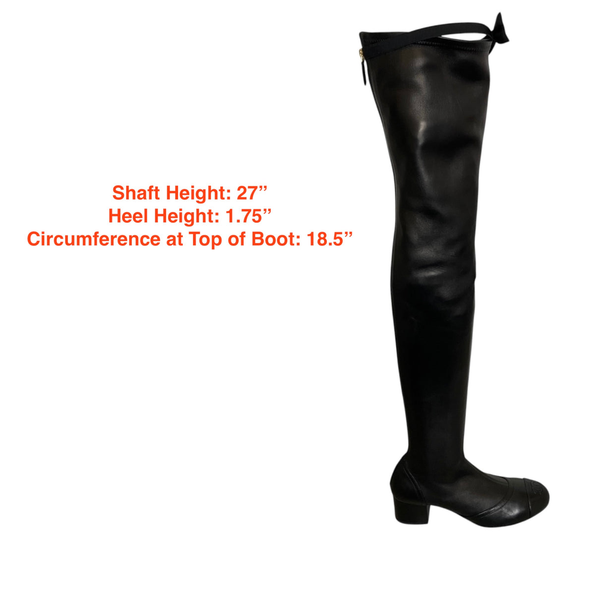 Chanel Black Interlocking CC Logo Cap Toe Over-the-Knee Thigh High Stretch Smooth Lambskin Leather Boots with CC Logo Grosgrain Bow Accent