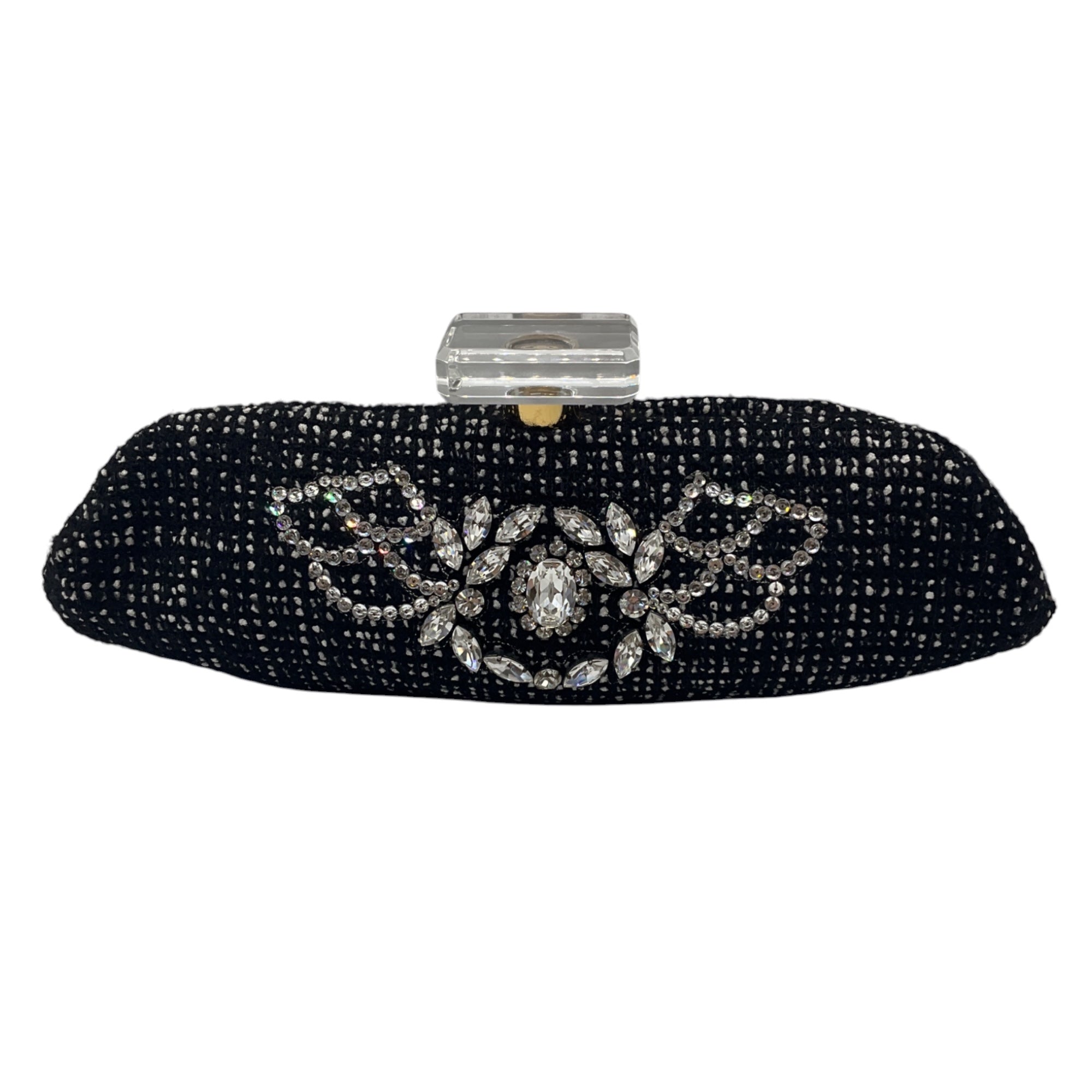 Chanel Black / White Crystal Embellished Tweed Evening Clutch Bag