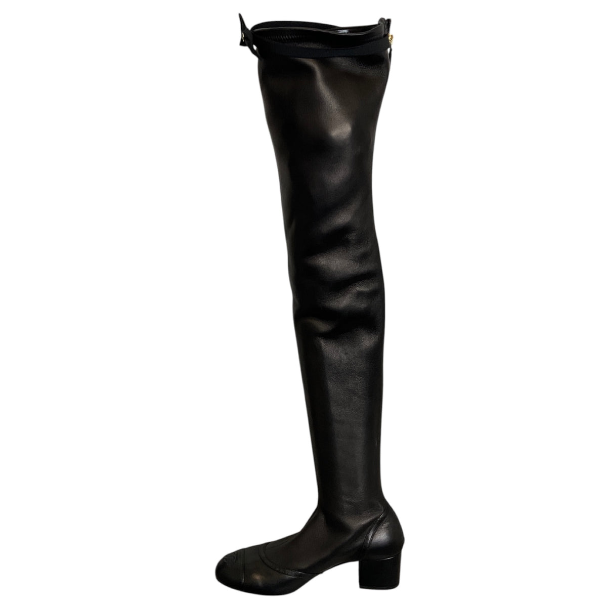 Chanel Black Interlocking CC Logo Cap Toe Over-the-Knee Thigh High Stretch Smooth Lambskin Leather Boots with CC Logo Grosgrain Bow Accent