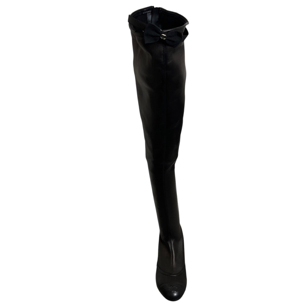 Chanel Black Interlocking CC Logo Cap Toe Over-the-Knee Thigh High Stretch Smooth Lambskin Leather Boots with CC Logo Grosgrain Bow Accent