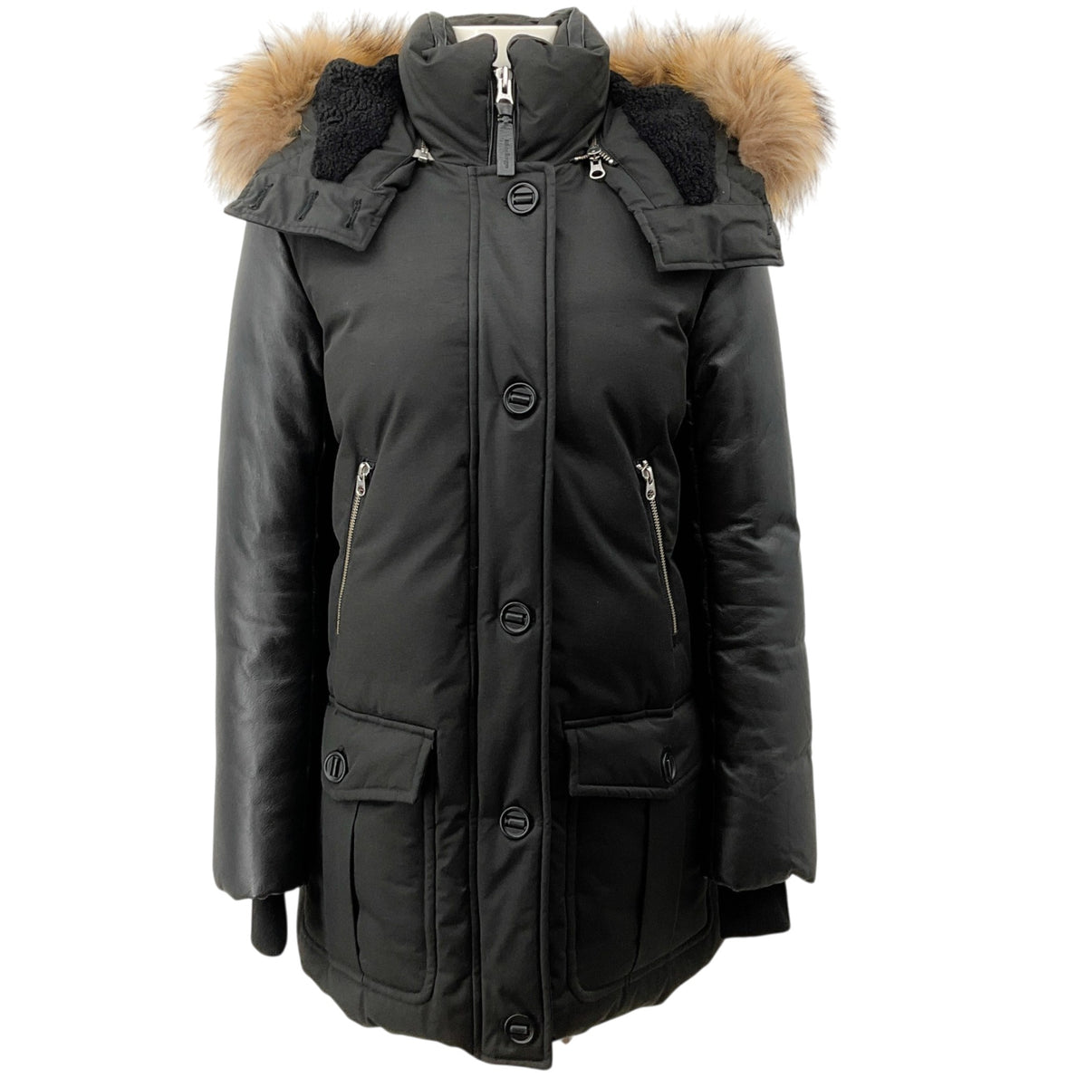 Mackage Black Puffer Coat with Leather Sleeves and Fur Trimmed Hood